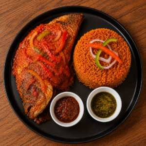 jollof with vegetable red snapper sauce